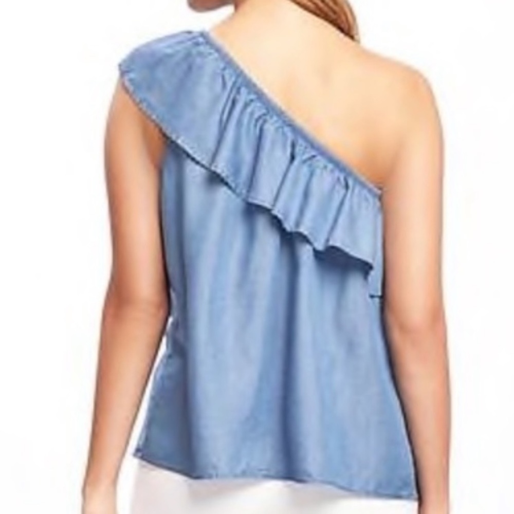Old Navy One Shoulder Ruffle Blouse Chambray XS Blue - Picture 2 of 6